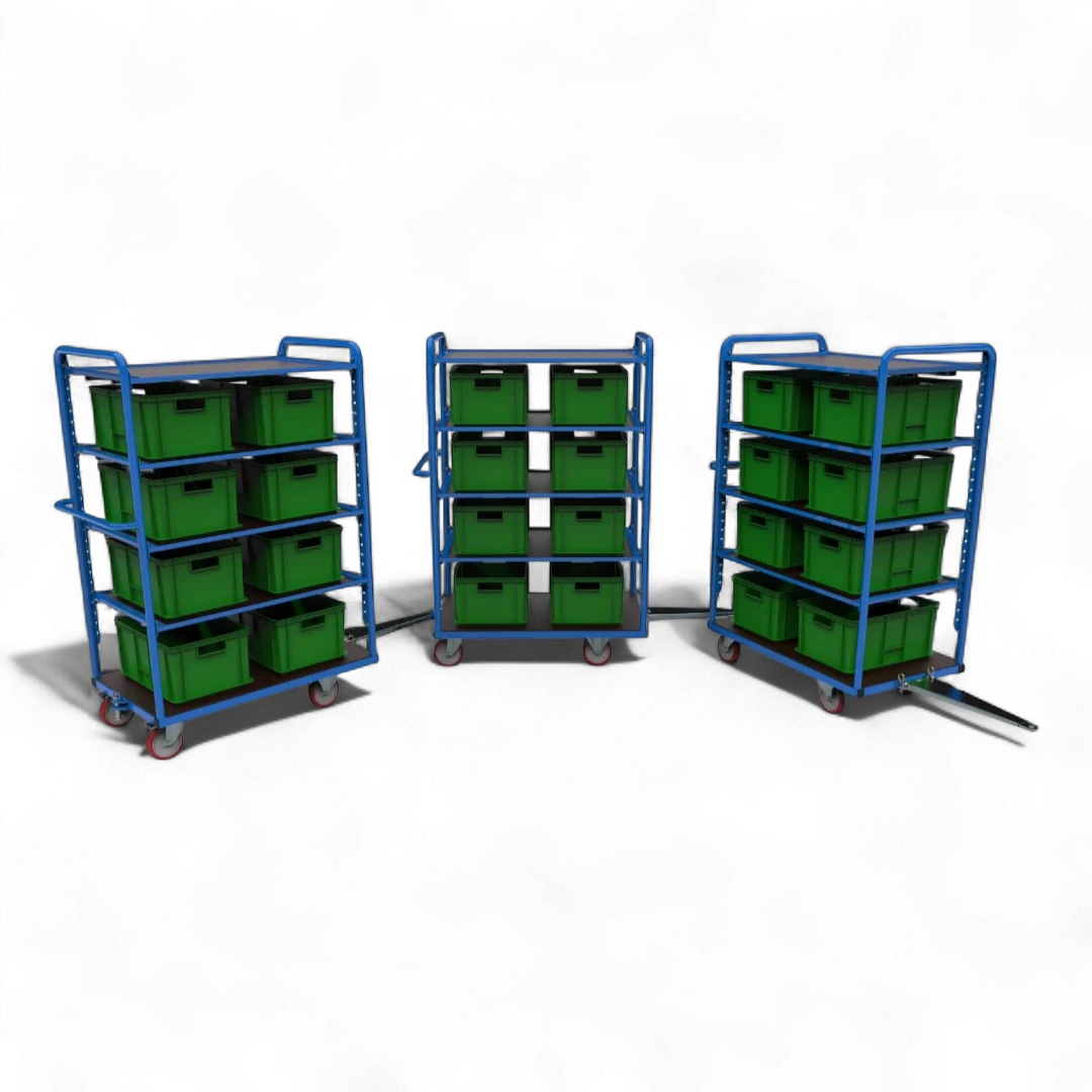 Kommissionierwagen mit mehreren Ebenen, Rollen und Griffen zum Transport von Waren in Lagern. Praktisch für effizientes Kommissionieren und Lagerlogistik.